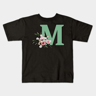 Letter M green with colorful flowers Kids T-Shirt